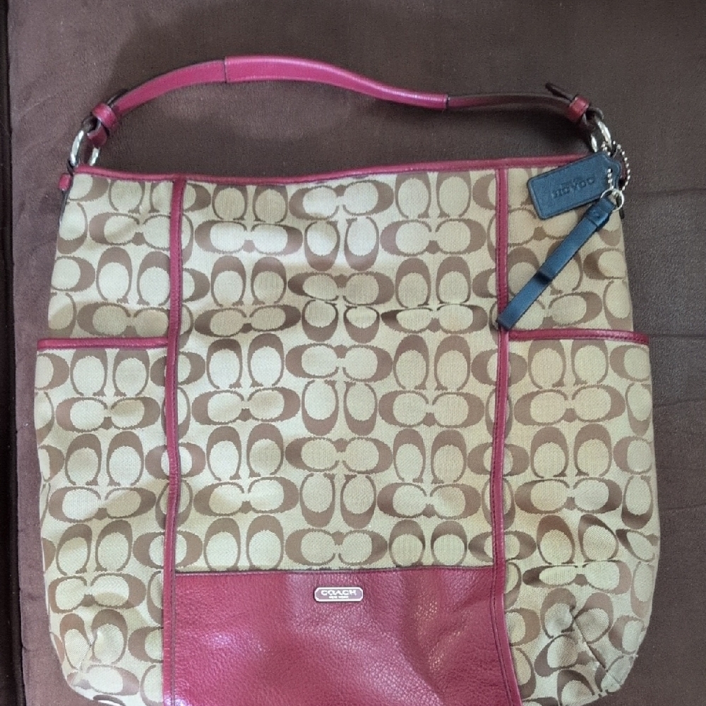Coach Tan and Pink Signature Shoulder Bag